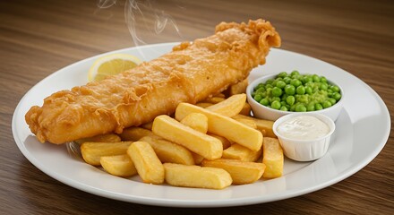 Fish and Chips Delight: A mouthwatering plate showcases the classic dish, fish and chips, accompanied by a fresh lemon wedge and a small bowl of vibrant green peas.