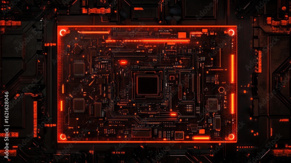 Poster glowing orange circuit board embedded in dark metallic frame