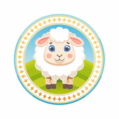 Naklejka premium Charming Cartoon Sheep Illustration in Decorative Circular Frame Depicting Pastoral Scene
