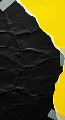 Urban poster background with yellow and black torn crumpled paper and adhesive tape, an edgy grunge collage texture