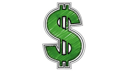 Illustration of a green dollar sign with a black outline and a white background in a simple style
