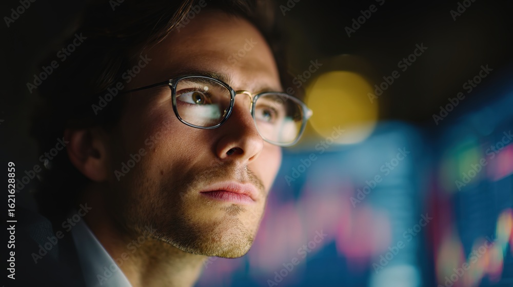 Aufkleber focused analyst at night: an observant analyst, illuminated by the digital glow of a modern display,