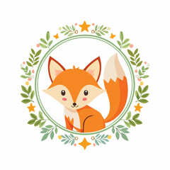 Charming Fox Illustration Enclosed in a Decorative Wreath of Foliage and Stars Art