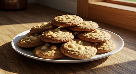 Delicious Cookie Pile: A tempting tower of freshly baked cookies, each adorned with delightful macadamia nuts, is artfully arranged on a pristine plate, bathed in the soft glow of natural light.