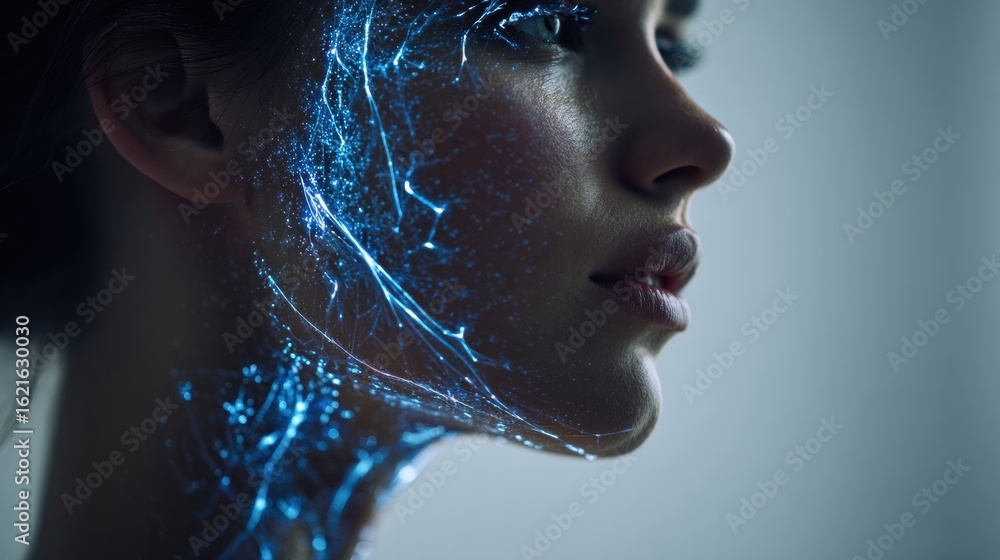 Aufkleber futuristic female profile featuring skin elasticity scan with glowing data streams showcasing advanc