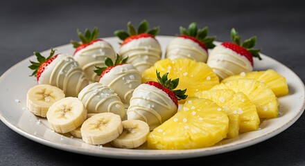 Delectable Fruit Platter: A gourmet arrangement of sliced pineapple, ripe strawberries, and perfectly sliced bananas, providing a vivid look at a healthy dessert option, beautifully presented.
