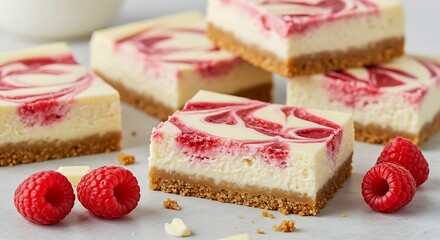 Raspberry Swirl Cheesecake: This image showcases appetizing squares of raspberry swirl cheesecake, accompanied by fresh, vibrant raspberries. Perfect for illustrating gourmet food or desserts. 