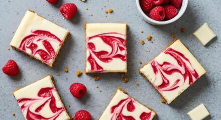 Raspberry Swirl Cheesecake: An overhead shot showcases a delicious raspberry swirl cheesecake, artfully arranged amidst fresh raspberries and a small dish, inviting indulgence. 