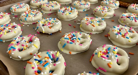 Artisan Delight: Delightful close-up of pretzels meticulously dipped in a creamy white glaze, each generously adorned with vibrant, colorful sprinkles.