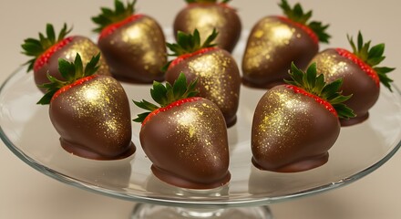 Decadent Chocolate Strawberries: A delectable display of fresh strawberries, enrobed in rich, dark chocolate and adorned with shimmering golden accents, offering a visual and gustatory treat.