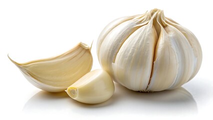 Close up of a garlic bulb and two cloves on a white background
