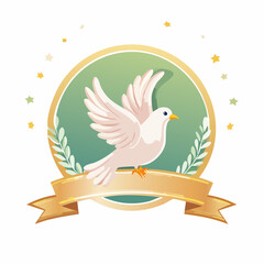 Fototapeta premium Peaceful Dove Emblem with Golden Banner and Green Laurel Wreath for Celebratory Occasions