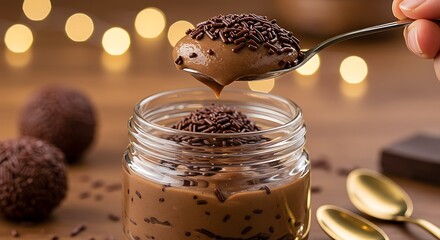Delightful Chocolate Mousse in a Jar: A close-up captures the luxurious texture of a decadent chocolate mousse, sprinkled with fine chocolate shavings. A spoon hovers above, ready to savor the rich.