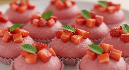 Strawberry Mousse Delights: A close-up shot captures an array of exquisite strawberry mousse pastries, each garnished with fresh diced strawberries and delicate mint leaves.
