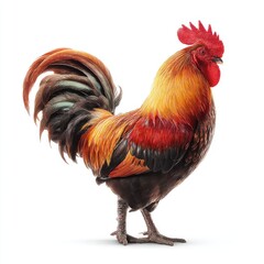Fototapeta premium A colorful rooster standing proudly isolated on white background