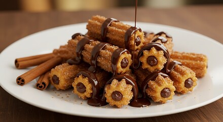 Churros Delights: A tantalizing shot of freshly made churros drizzled with decadent chocolate sauce, alongside cinnamon sticks arranged invitingly on a clean plate.