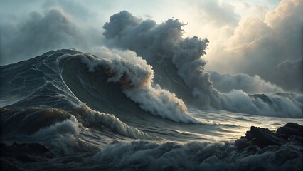 A dramatic seascape with large waves and stormy cloudy skies
