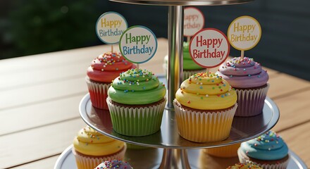 Sweet Indulgence: Colorful cupcakes with Happy Birthday signs displayed on tiered tray, creating a cheerful atmosphere and symbolizing joyous celebrations.