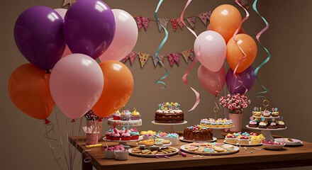 Celebration of Festive Treats: A table adorned with balloons and celebratory decorations hosts an array of desserts including cakes, cupcakes, cookies, and sweets.