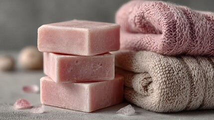 Stack of pink soap bars next to folded cloth. -