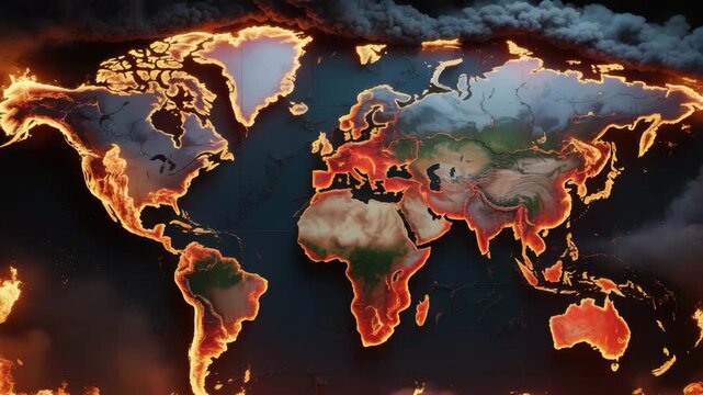 Global warming climate change concept world map burning earth fire disaster future