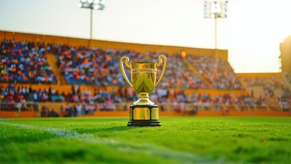 Golden trophy on sports field with blurred crowd and stadium lights