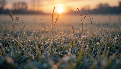 Obraz premium Dew-kissed grass at sunrise.