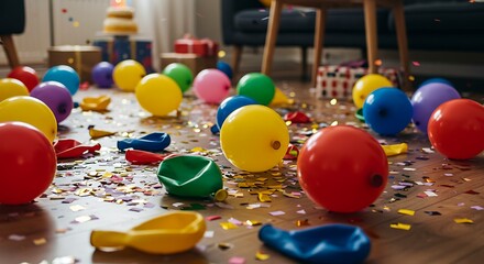 Festive Chaos: A colorful scene of deflated balloons, scattered confetti, and wrapped gifts on the floor, remnants of a joyous celebration.