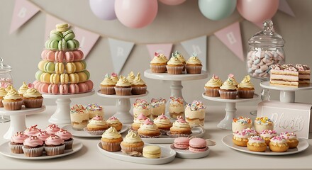 Sweet Buffet: A delightful array of pastries and desserts adorns a table, creating a tempting visual feast, with delicate cakes, colorful macarons.