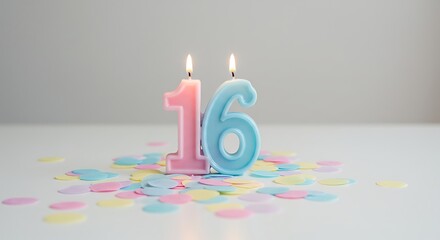 Sweet Sixteen Celebration: Two lit candles shaped like the numbers 1 and 6 stand on a surface strewn with colorful confetti, a simple yet vibrant symbol of reaching a sweet milestone.