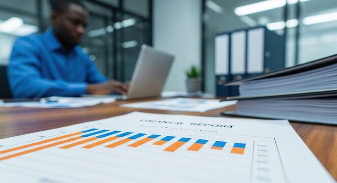 African American businessman analyzes financial report data for business growth strategy