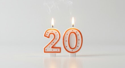 Festive Anniversary Candles: Two lit candles, shaped as the numbers 2 and 0, emitting a gentle glow, symbolizing a significant anniversary or special milestone.
