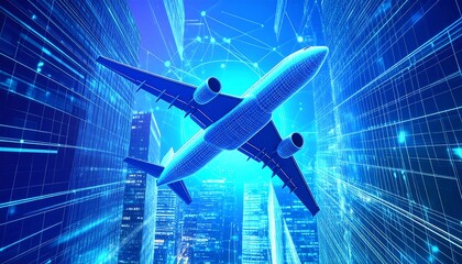 Futuristic jet flying through a digitally enhanced city at night