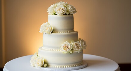 Elegant layered cake adorned with delicate flowers, creating an inviting and elegant atmosphere for a special occasion.