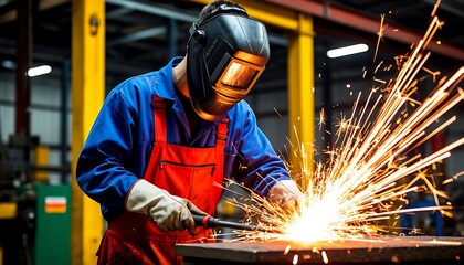 Industrial worker cutting through metal with a grinder, creating a shower of bright sparks in a busy factory environment