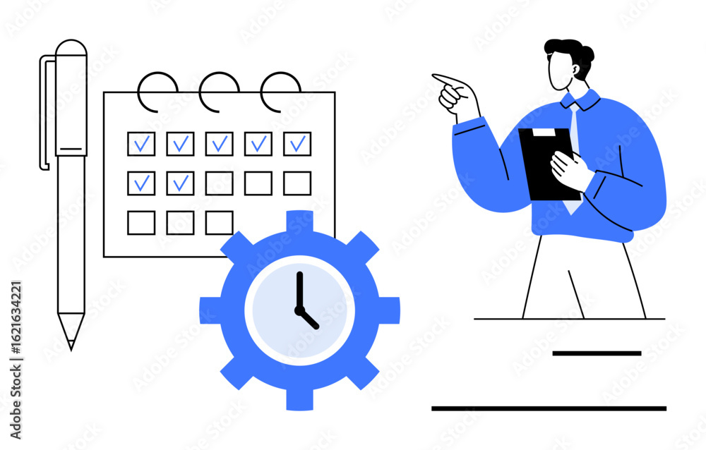 Poster man pointing at tasks near checklist calendar and clock. pen for productivity. ideal for planning, t