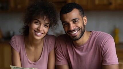 Obraz premium Financial planning couple: A young, smiling couple, exuding optimism and financial security, sits at a home setting with open money, embarking on a journey of wealth management.