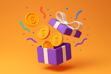 Surprise gift box exploding with gold coins and confetti