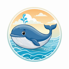 Obraz premium Charming Cartoon Whale Illustration with Ocean Sunrise in Circular Frame Design