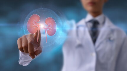 Medical Exploration of Kidney: A healthcare professional, in a crisp white coat, interacts with a digital projection showcasing the intricate structure of a kidney, representing innovation.
