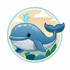 Naklejka premium Adorable whale illustration amidst a serene seascape with plants in the foreground