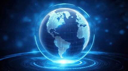 Fototapeta premium Interest rate concept and economic trends. A digital globe representation with blue tones, showcasing continents in a network pattern, symbolizing global connectivity and technology.