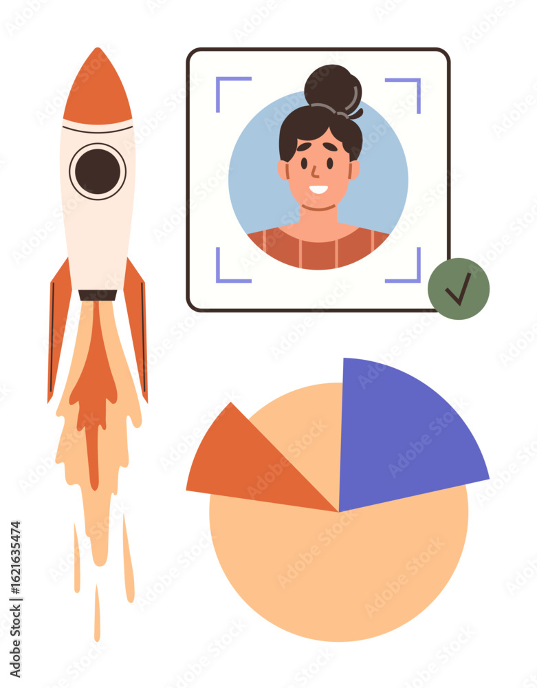 Poster rocket launching for business growth, user profile with verification checkmark, pie chart for data a