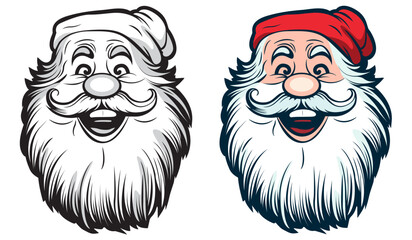 Smiling Santa Claus cartoon portrait. Happy Santa Claus head logo in line art style. Cute funny Santa Claus face outline thin line vector. Santa Claus face beard moustache. Stencil black and white