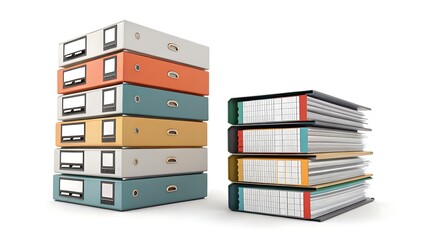 Stacks of colorful ring binders on a white background studio