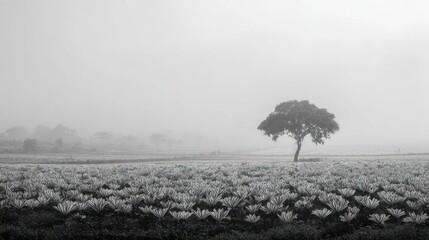 A solitary tree stands in a misty field in grayscale, evoking serenity and stillness