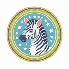 Cartoon Zebra Head in a Starry Blue Circle Emblem with Green and Yellow Border