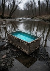 Radiant Turquoise Liquid in Dark-Stained Wooden Crate Surrounded by Muddy Rocks and Reflective Stream