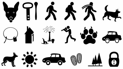 Illustration showing a dog head, bottle opener, stick figure walking, dog, house, car, sun and other icons silhouette