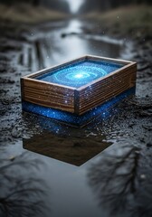Glowing Cerulean Liquid in Weathered Wooden Box Surrounded by Muddy Rocks and Reflective Stream